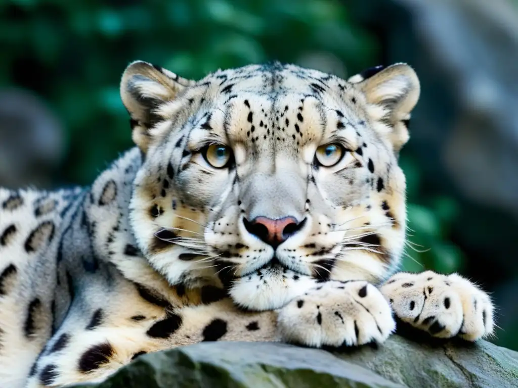 Un majestuoso leopardo de las nieves descansa en una cornisa rocosa, su pelaje denso y ojos penetrantes capturan la fuerza y belleza de la especie