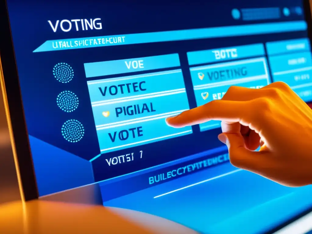 Una mano vota con criptomonedas en interfaz futurista de votación electrónica