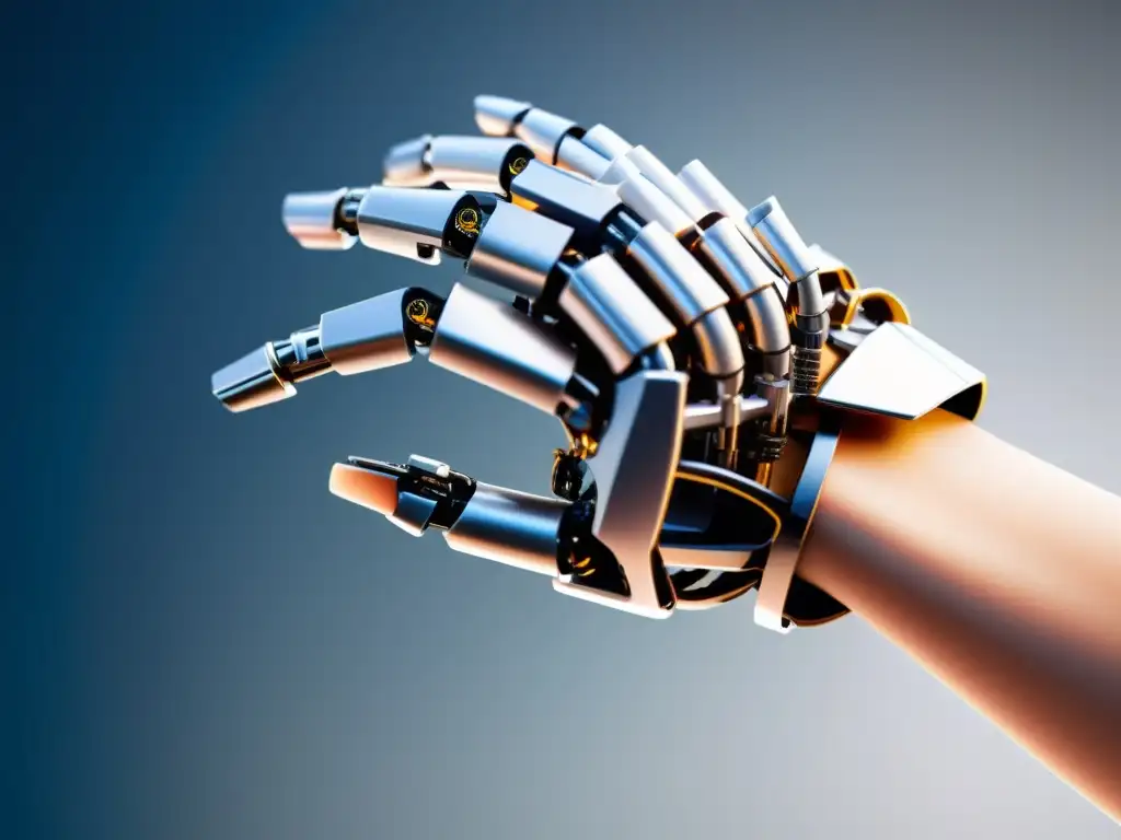 Avanzada interacción humano-robot: mano metálica y futurista Una mano humana y un brazo robótico se encuentran en un gesto de interacción futurista
