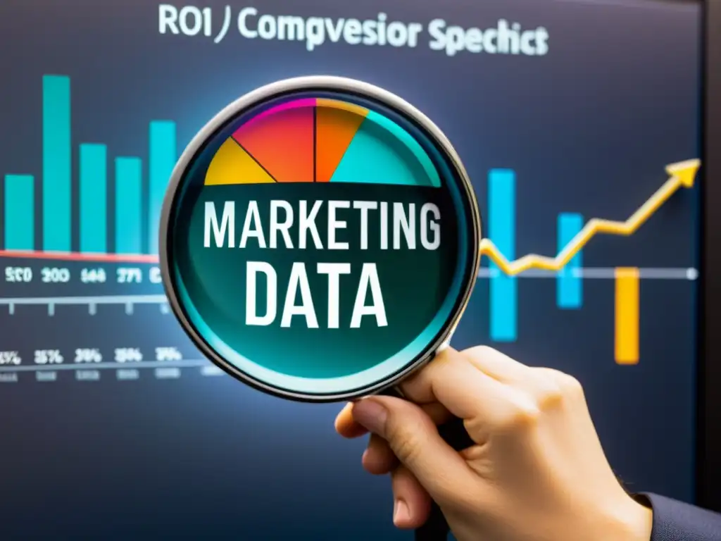 Una mano sostiene una lupa sobre un complejo gráfico de datos de marketing