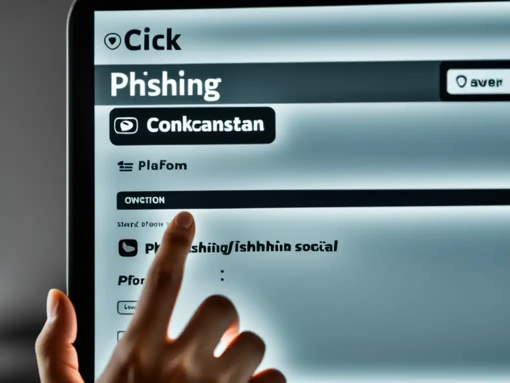 Mano en mouse sobre enlace de phishing en redes sociales, reflejando la psicología del phishing en redes sociales