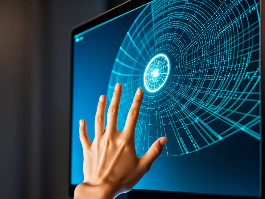Mano alcanzando la pantalla con reflejo de datos entrelazados, representando la psicología del engaño en ciberseguridad