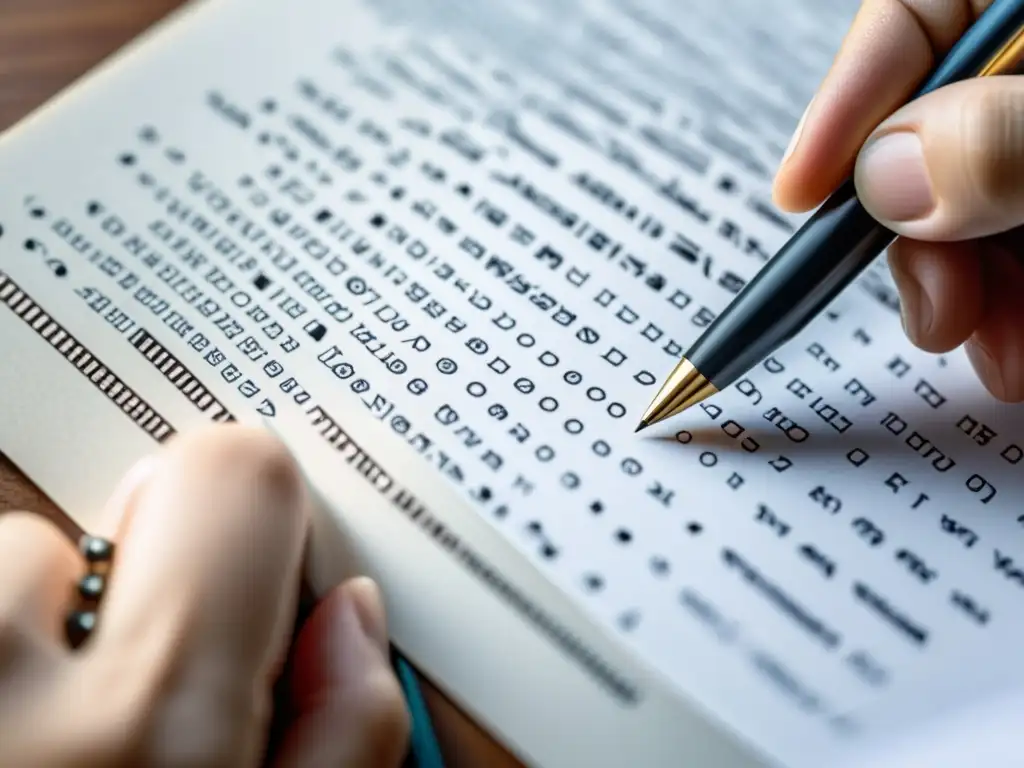 Escritura multilingüe en papel: Educación, idioma y tecnología Mano escribiendo en papel con detalles intrincados y mezcla de idiomas, rodeada de código digital