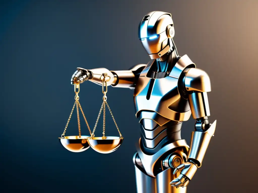 Mano robótica futurista sostiene la balanza de la justicia, reflejando la automatización en el sector legal con tecnología avanzada