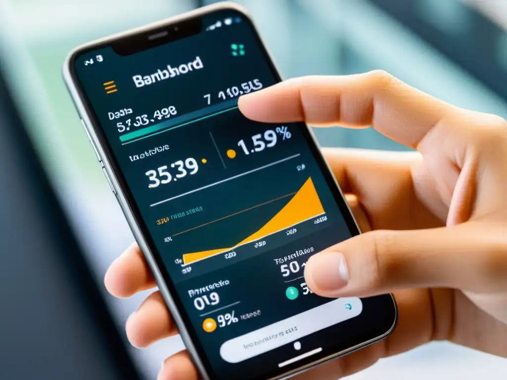 Mano sostiene smartphone con dashboard de análisis de datos