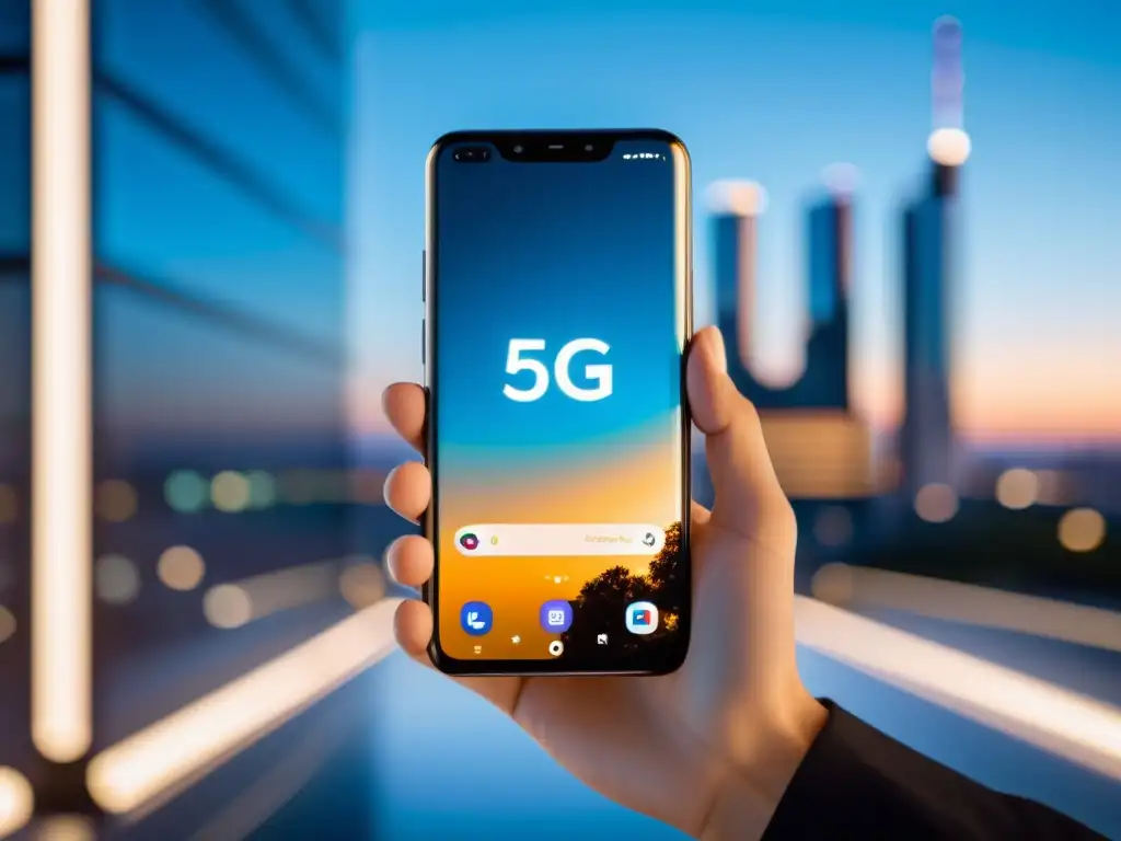 Una mano sostiene un smartphone 5G con diseño moderno, en un entorno futurista, evocando la integración tecnológica