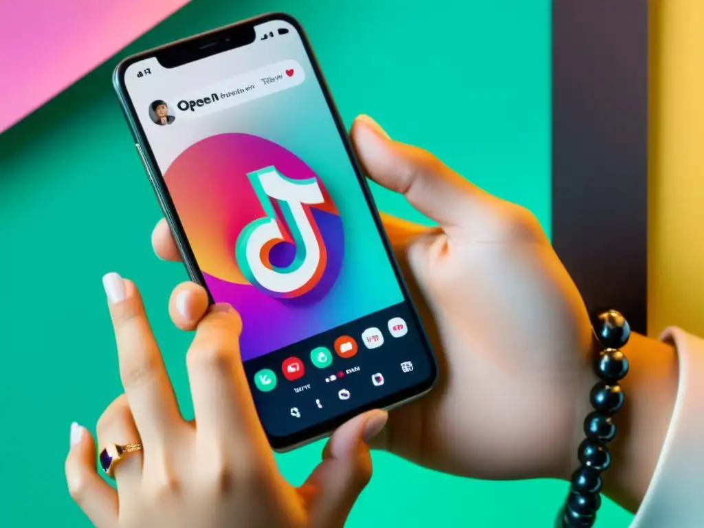 Mano con smartphone mostrando edición creativa en TikTok, monetizando la creatividad para empresas