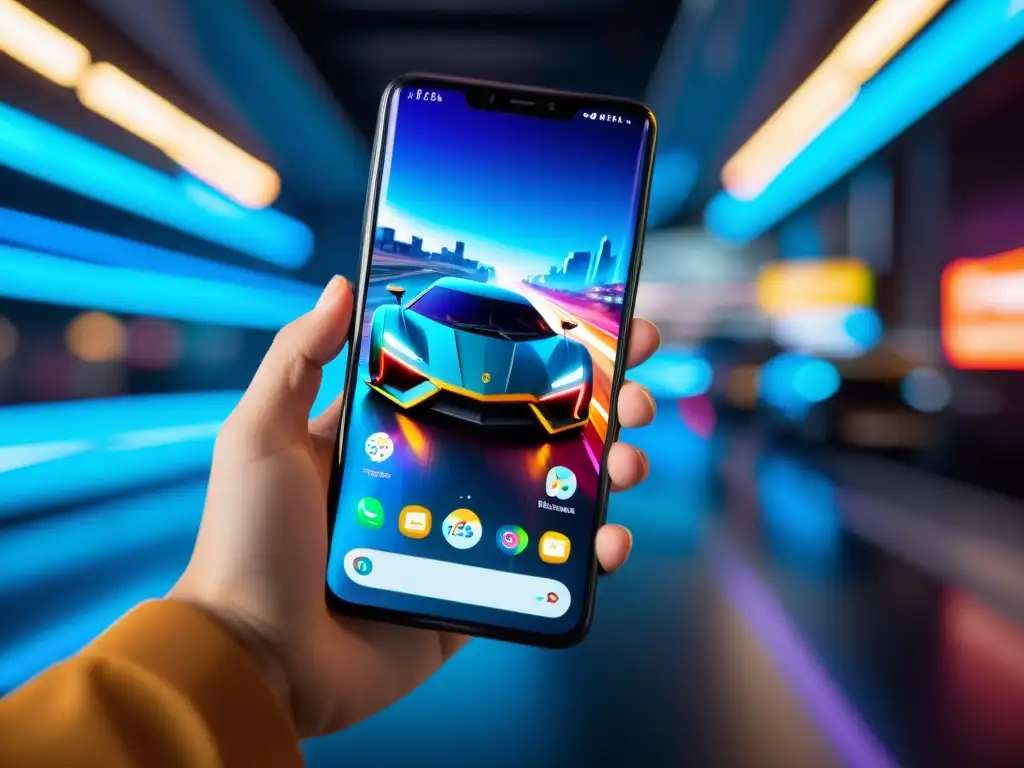 Mano sostiene un smartphone futurista con juego de alto impacto del 5G en pantalla, destacando gráficos vibrantes y acción intensa