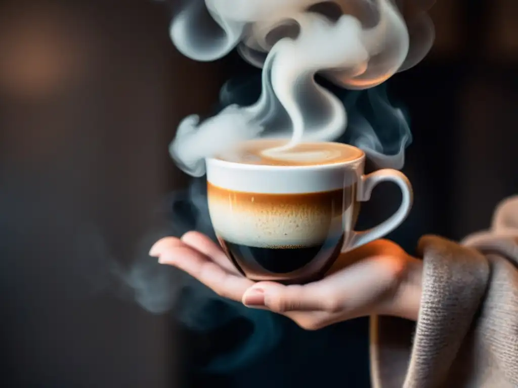 Mano sosteniendo taza de café humeante, evocando calidez y relax