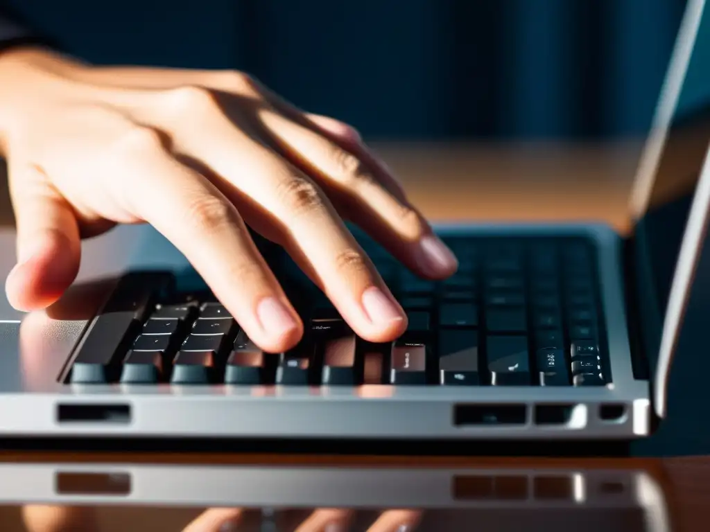 Una mano se cierne sobre un teclado de laptop, con la luz suave resaltando cada detalle