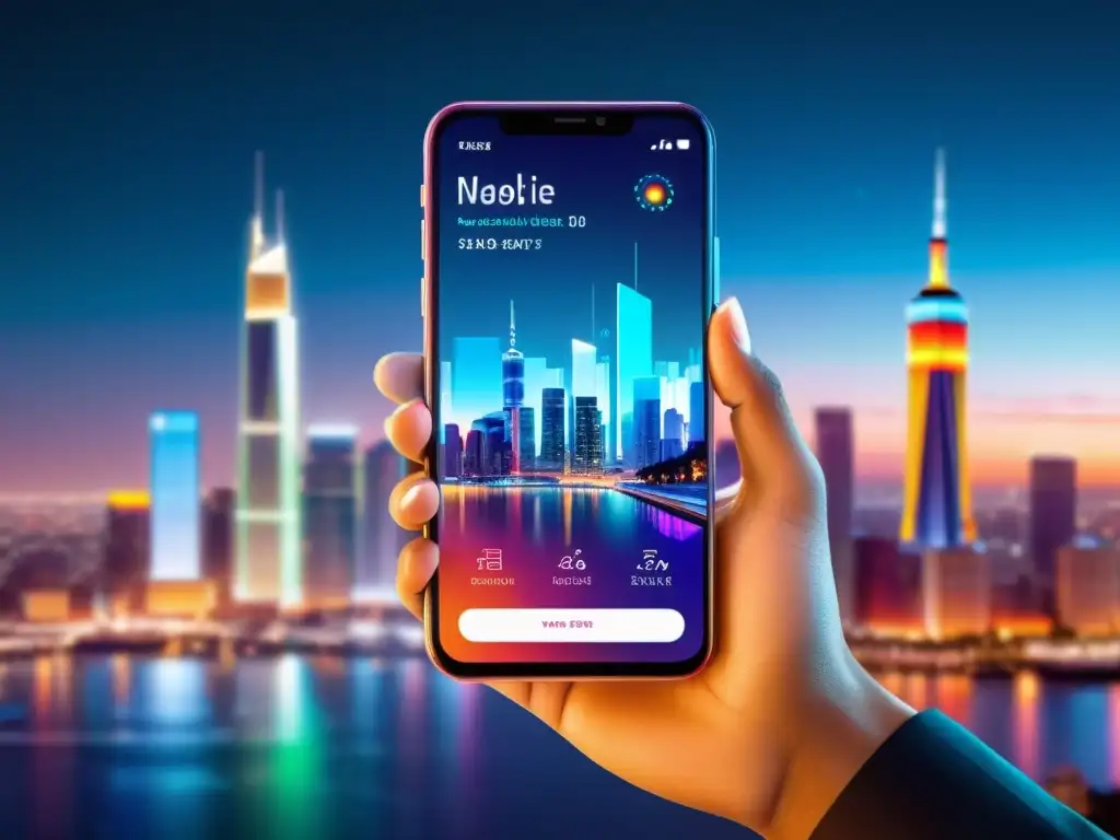 Una mano sostiene un teléfono móvil futurista con pantalla transparente, mostrando visualizaciones de datos sobre una ciudad nocturna