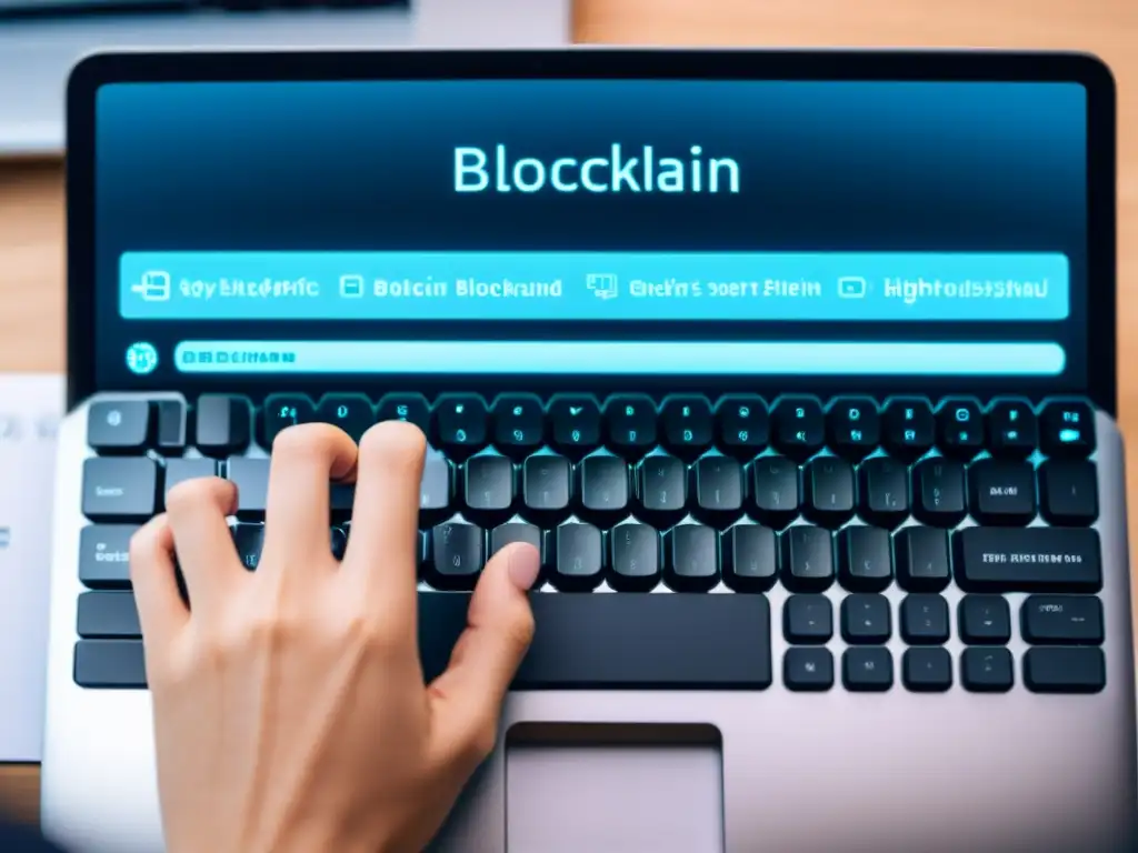 Manos expertas tecleando en un moderno teclado con interfaz blockchain