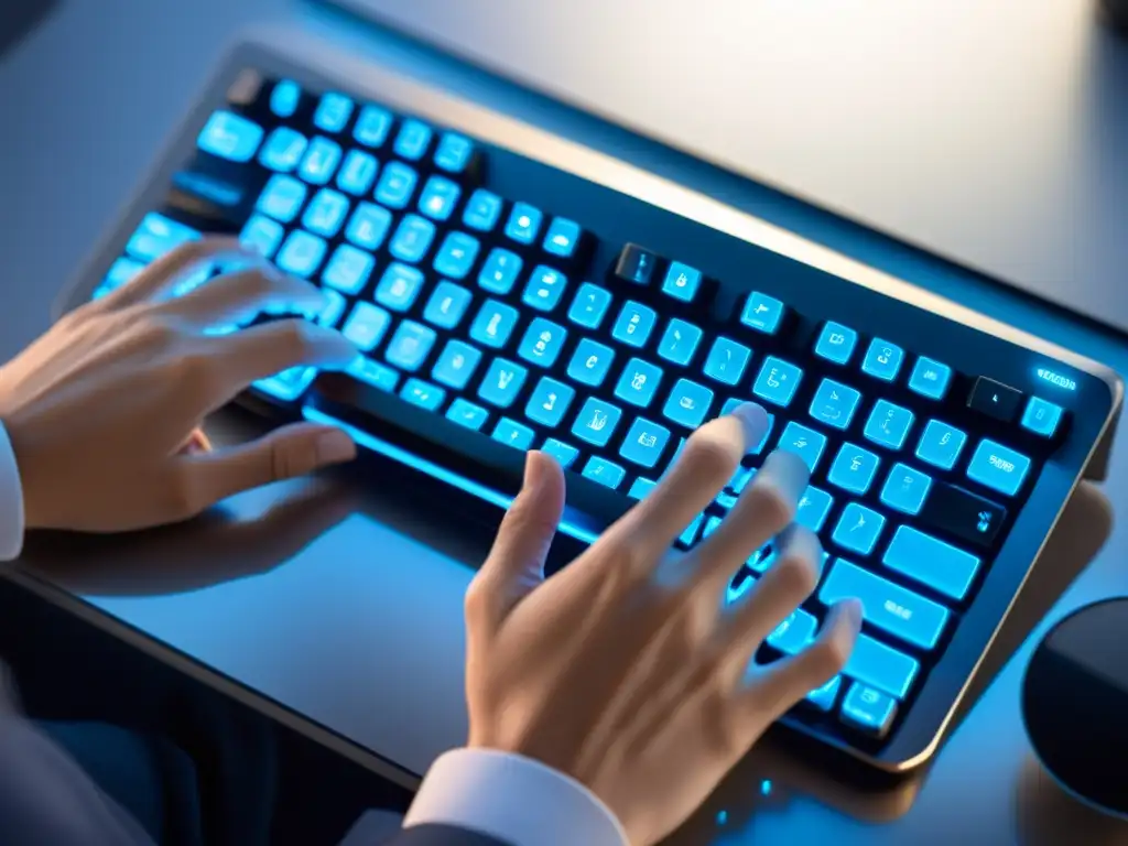 Unas manos firmes y enfocadas teclean en un elegante teclado retroiluminado con luz azul, transmitiendo calma y profesionalismo