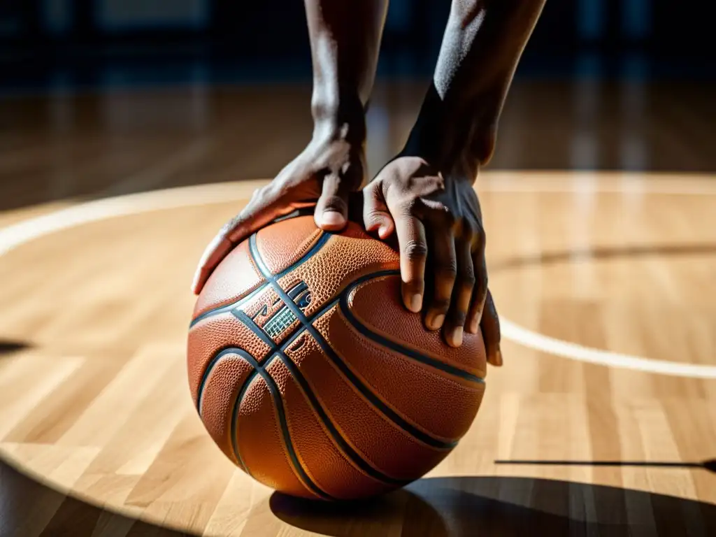 Manos de jugador de baloncesto agarrando la pelota con intensidad, destacando la textura y anticipación del juego