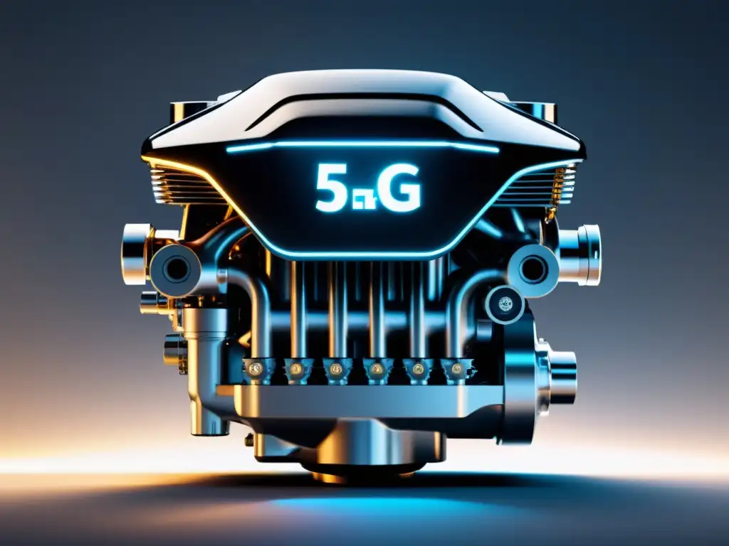 Mantenimiento predictivo 5G automoción: Motor futurista limpio y detallado con sensores 5G integrados, emitiendo un suave resplandor futurista