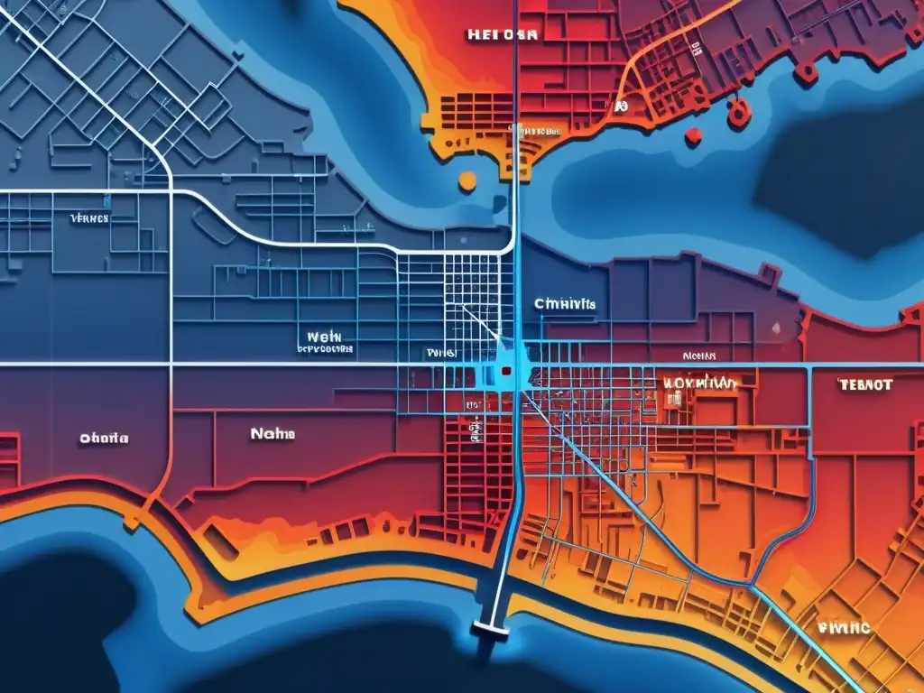 Mapa de calor detallado de la distribución de calor en la ciudad, con tonos rojos y azules que representan la actividad y la población