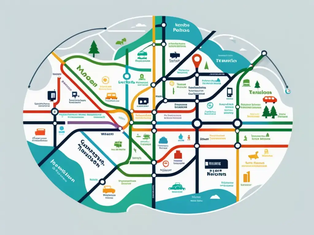 Mapa de la ciudad con rutas de transporte público interconectadas y coloridas, optimización de rutas en transporte público