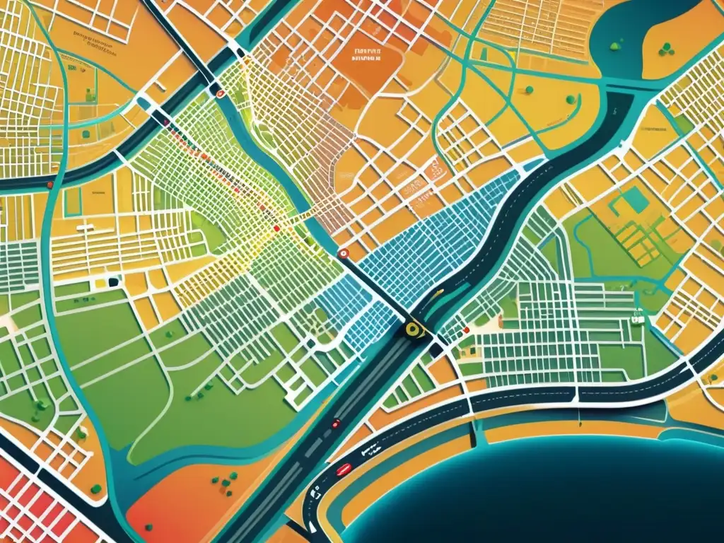 Mapa detallado en 8k de una ciudad con colores vibrantes representando datos de densidad poblacional, flujo de tráfico y actividad comercial