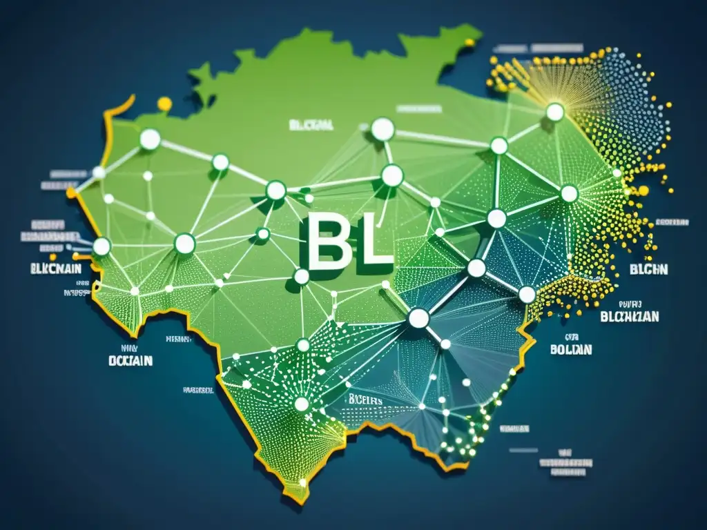 Mapa estilizado con red blockchain transparente, simbolizando la gestión de identidades nacionales con Blockchain