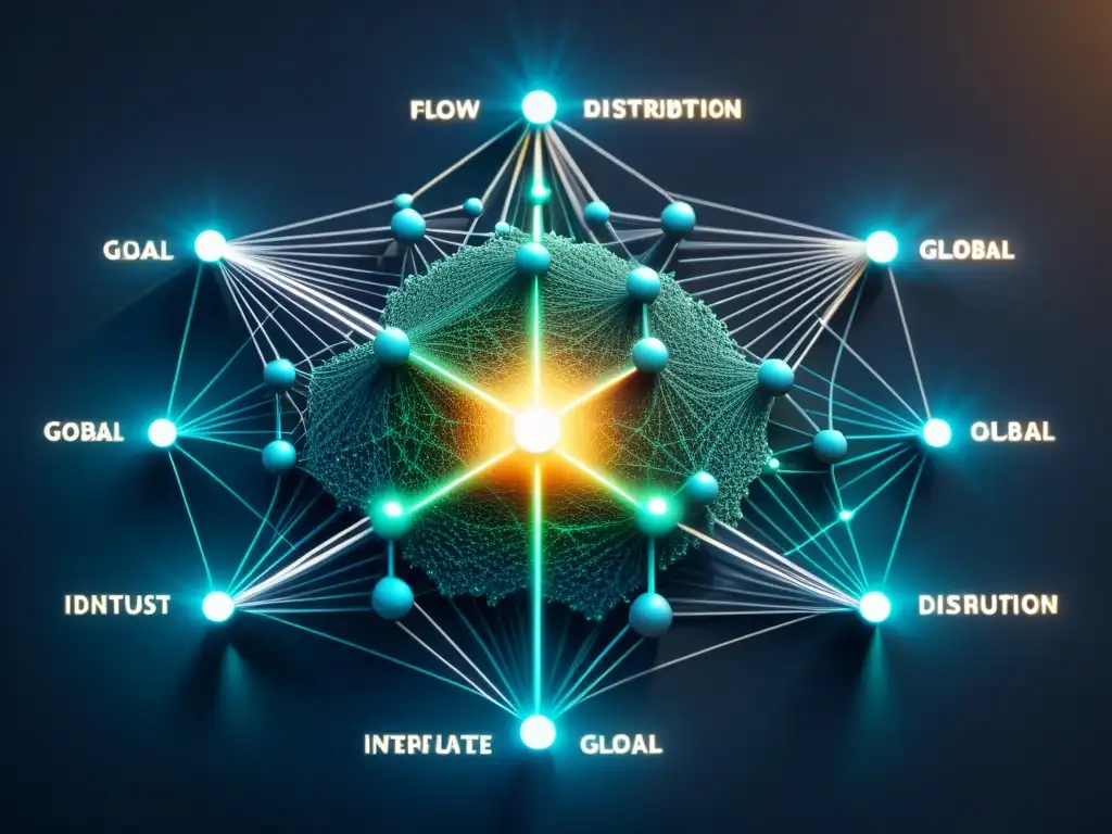 Mapa futurista de distribución ética de recursos globales con nodos brillantes y líneas pulsantes