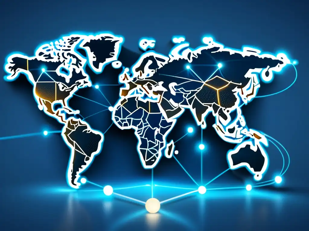 Mapa global con nodos interconectados representando transacciones internacionales, con símbolos de blockchain