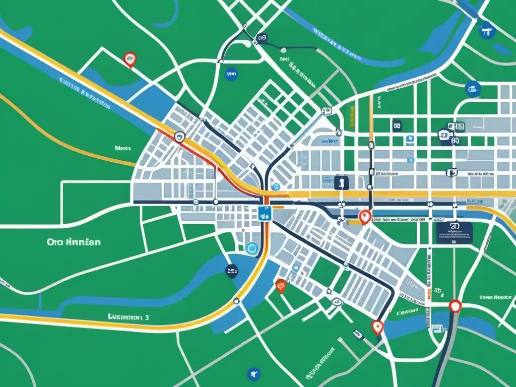 Mapa minimalista en 8k con red de transporte público en colores vibrantes, mostrando la eficiencia y organización