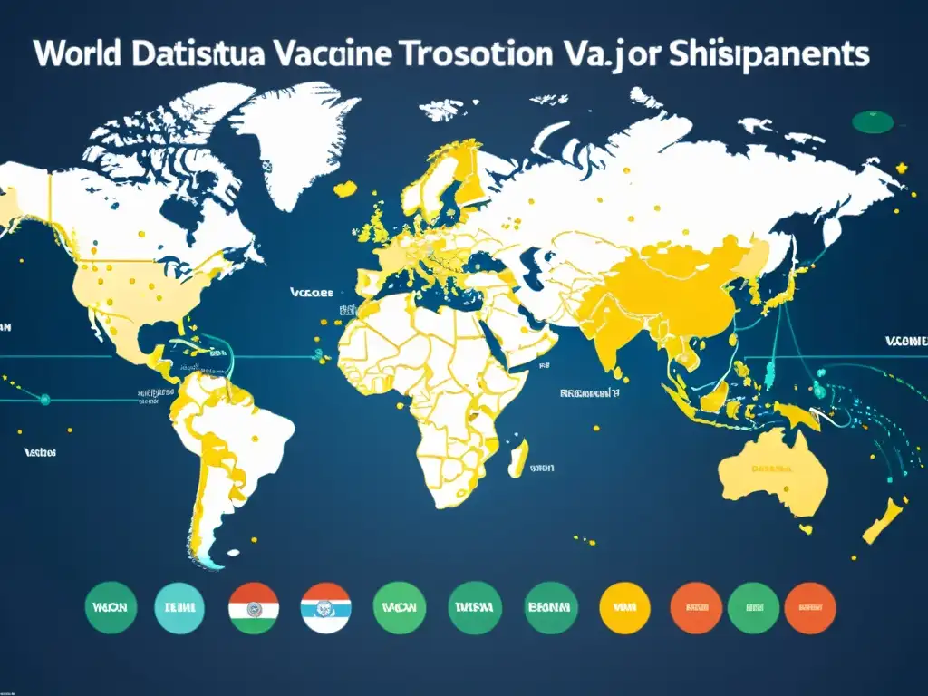 Mapa mundial detallado con red de distribución de vacunas y datos en tiempo real