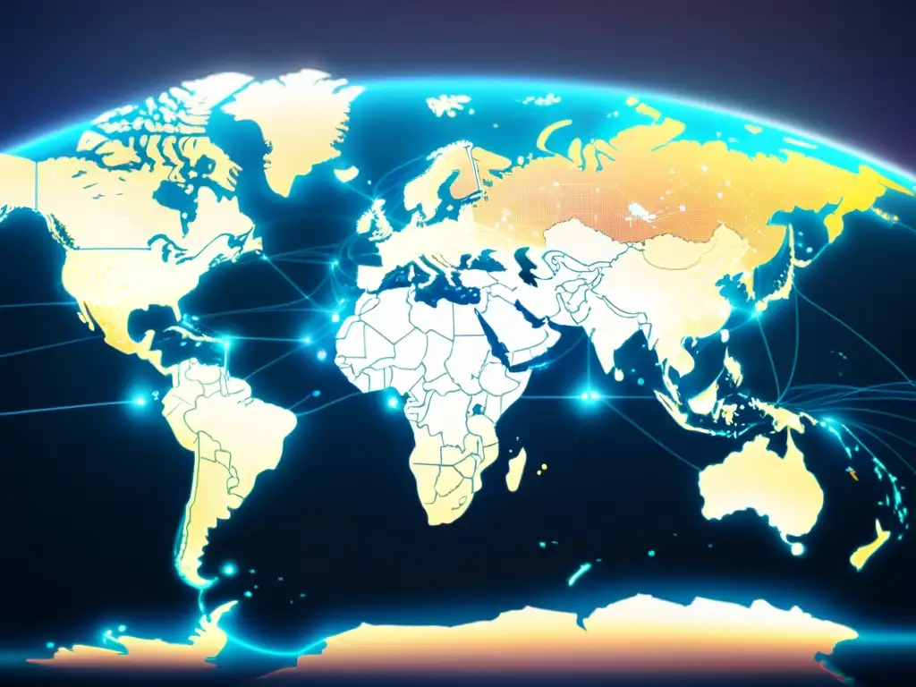 Mapa mundial detallado en 8k con redes digitales conectando países, simbolizando conflictos digitales entre naciones