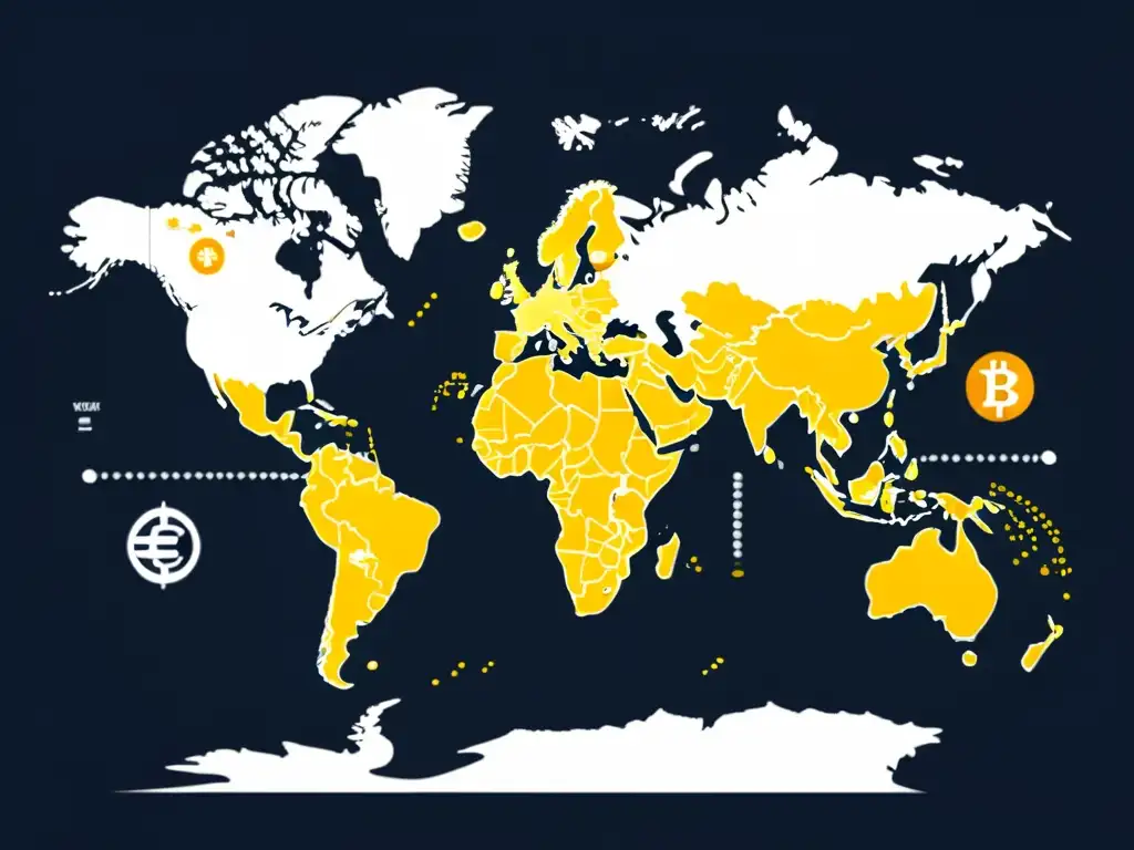 Mapa mundial en gris con símbolos de criptomonedas, representando el impacto de las criptomonedas en geopolítica