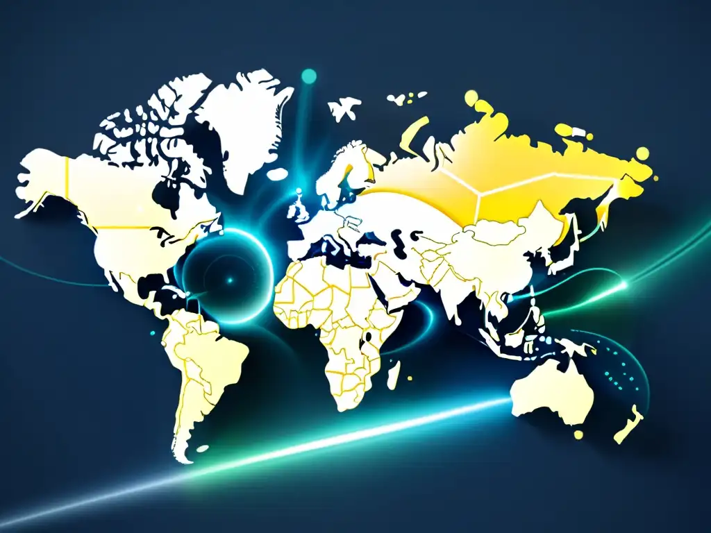 Mapa mundial con líneas brillantes conectando regiones, simbolizando la interoperabilidad en 5G global