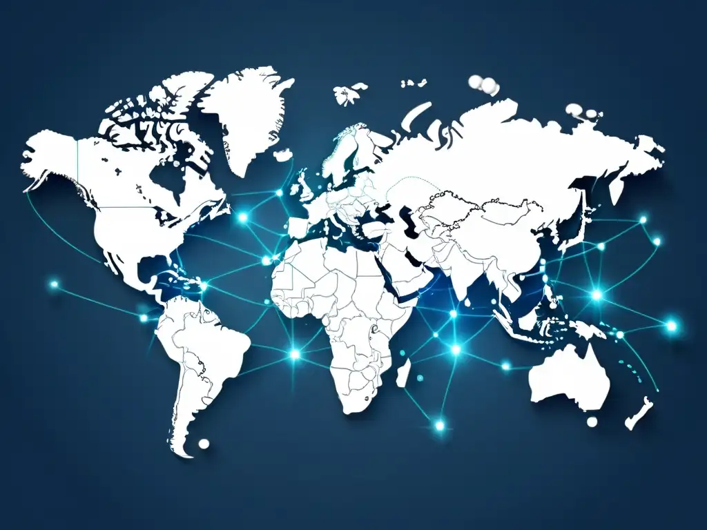 Mapa mundial minimalista con nodos interconectados, representando empresas tecnológicas globales expandiéndose a nuevos mercados