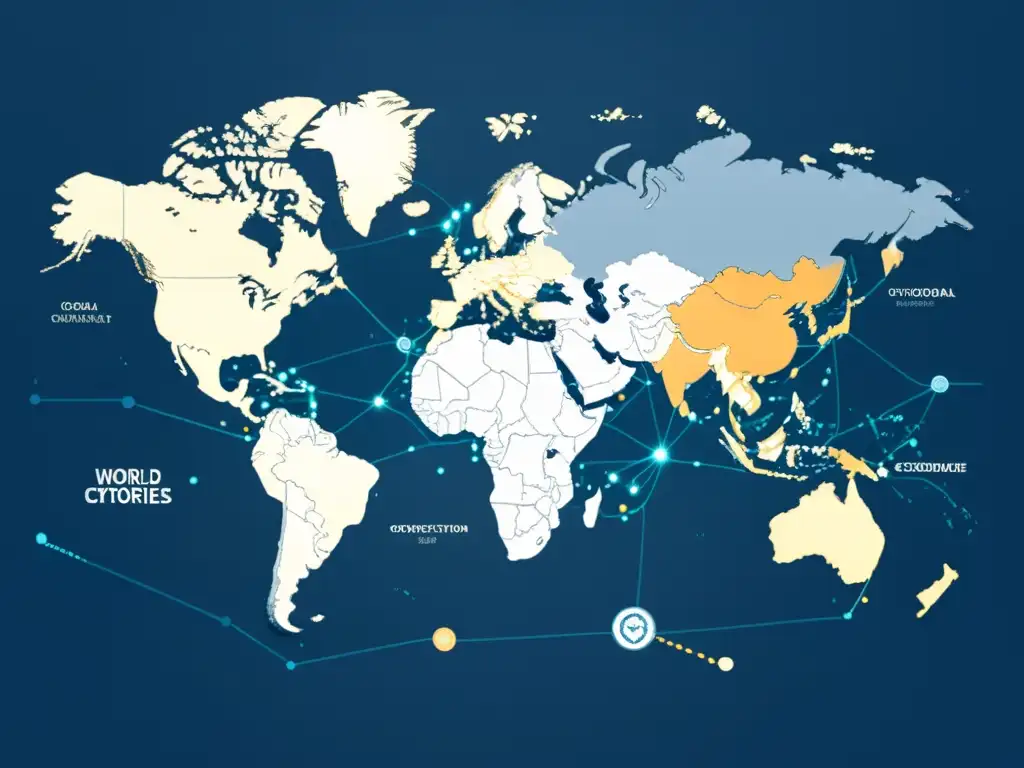 Mapa mundial minimalista con nodos interconectados representando transacciones de criptomonedas