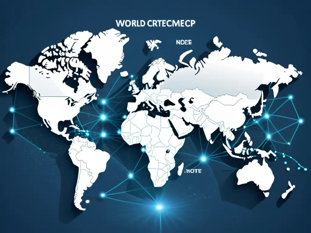 Mapa mundial con nodos de criptomonedas interconectados, mostrando el impacto de las criptomonedas en geopolítica con tonos de azul y gris