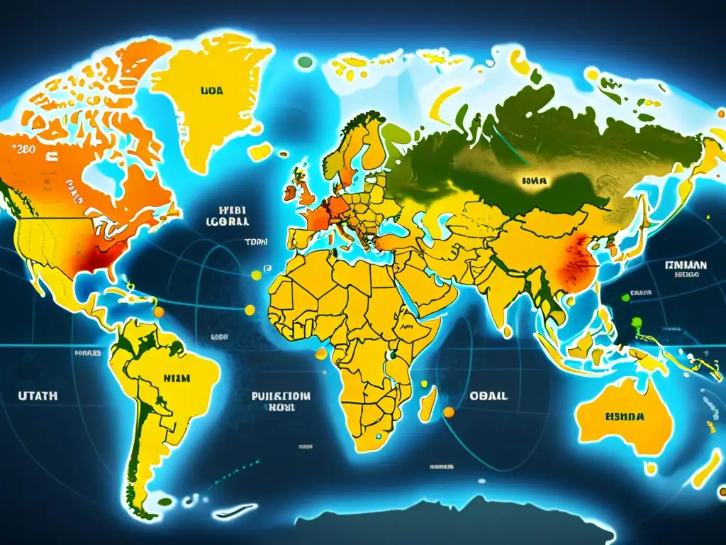 Mapa mundial en tonos suaves con datos pulsantes sobre salud global