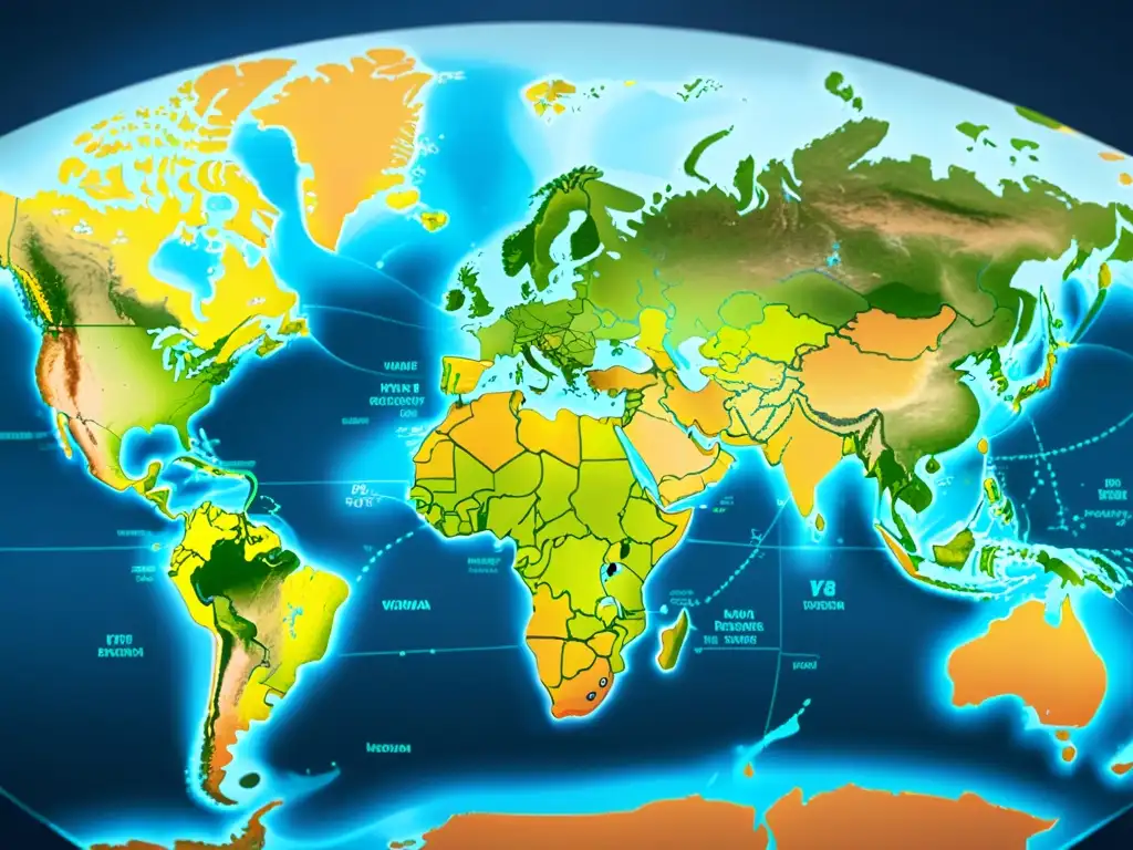 Un mapa del mundo detallado con visualización de datos sobre distribución y optimización de vacunas