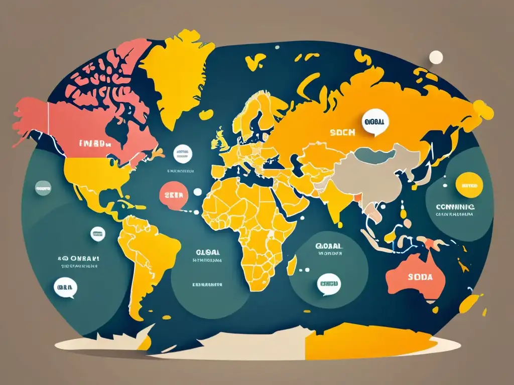 Mapa del mundo ilustrado con globos de diálogo en varios idiomas, simbolizando estrategia SEO multilingüe para empresas tecnología global