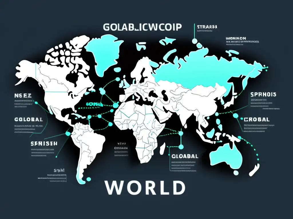 Un mapa del mundo minimalista con nodos interconectados que representan mercados globales, rodeado de palabras clave multilingües