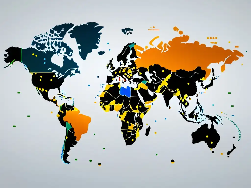 Mapa del mundo de patrones espaciales en big data, con puntos de datos interconectados en colores y tamaños variados, sobre fondo blanco