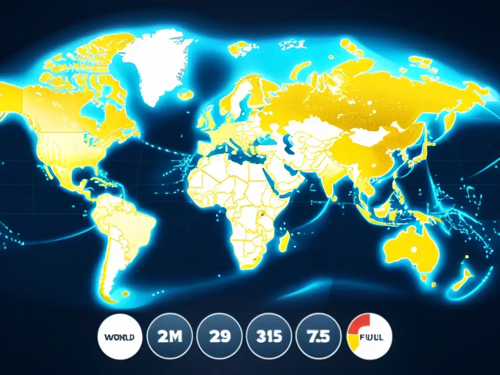 Mapa del mundo con visualizaciones de datos que muestran la distribución y seguimiento de campañas de vacunación