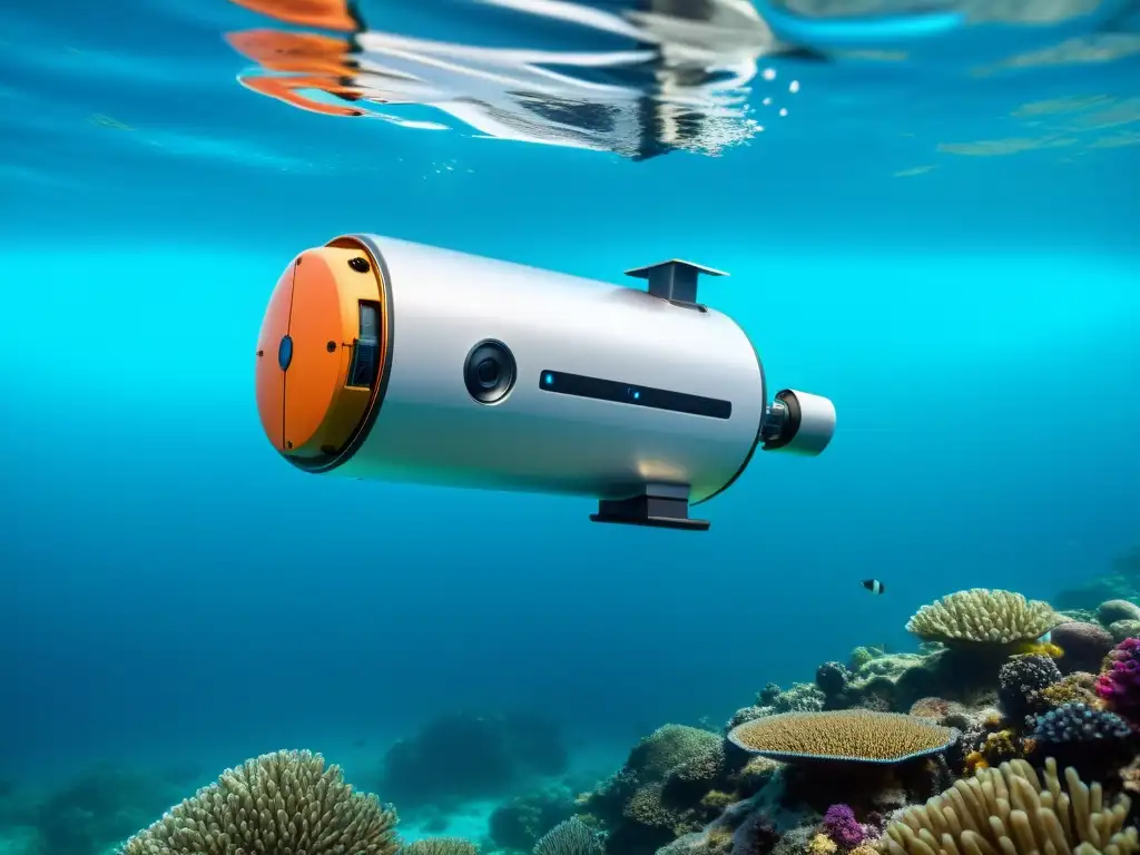 Robot submarino explorando aguas cristalinas con tecnología de vanguardia Robot marino con tecnología robótica avanzada, explorando aguas cristalinas y protegiendo los océanos con su integración en la conservación marina