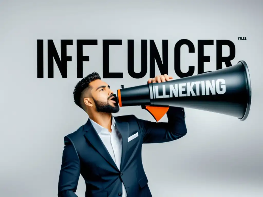 Influencer marketing: persona con megáfono, viste formal, fondo blanco