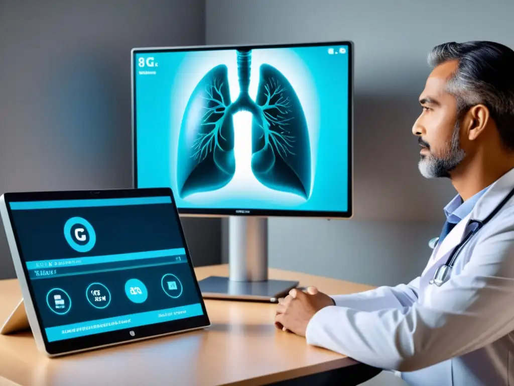 Un médico realiza una consulta remota con un paciente en un monitor de 8K, con el símbolo de red 5G sutilmente visible