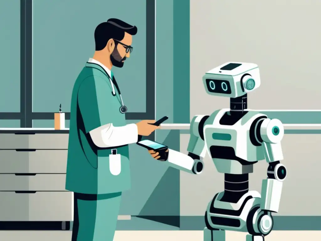 Un médico supervisa a un robot en un hospital, mostrando colaboración entre la inteligencia artificial y la expertise humana