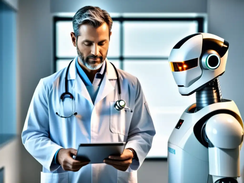 Un médico y un robot en un hospital, el robot sostiene una bandeja de suministros médicos mientras el médico revisa un expediente en una tableta