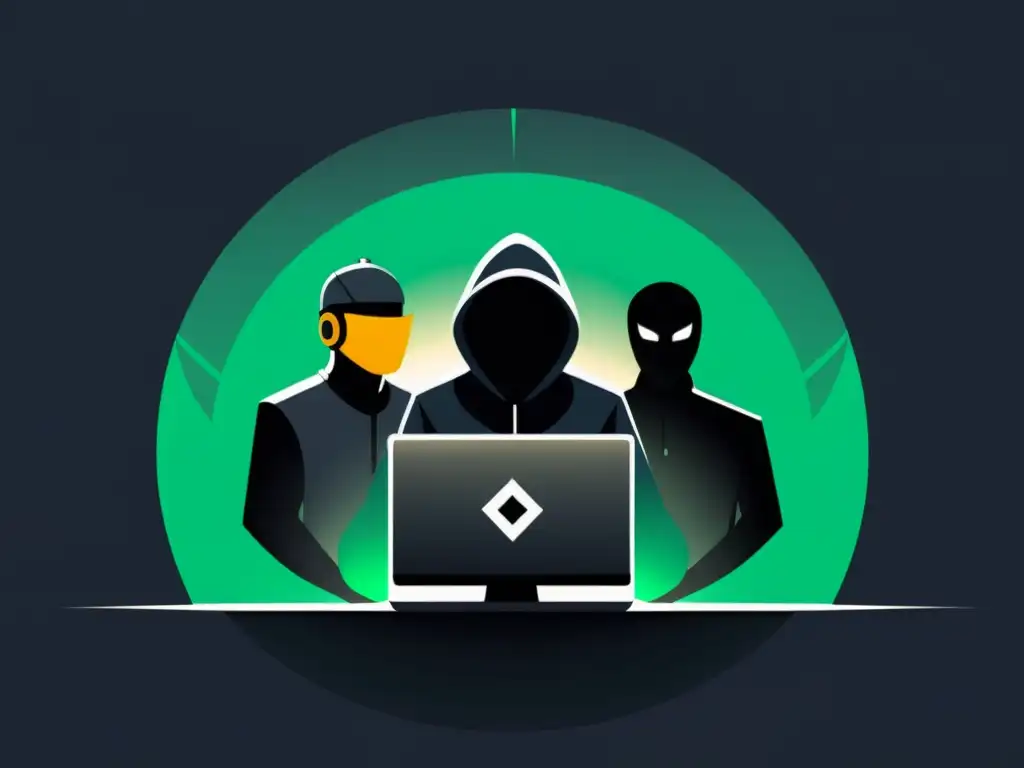 En la ilustración se representa un mercado oscuro de la web, donde figuras sombrías intercambian moneda digital por datos robados y malware