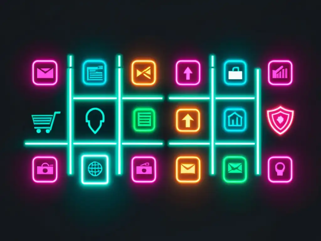 Un mercado web oscuro con iconos de neon brillante que representan actividades ilegales