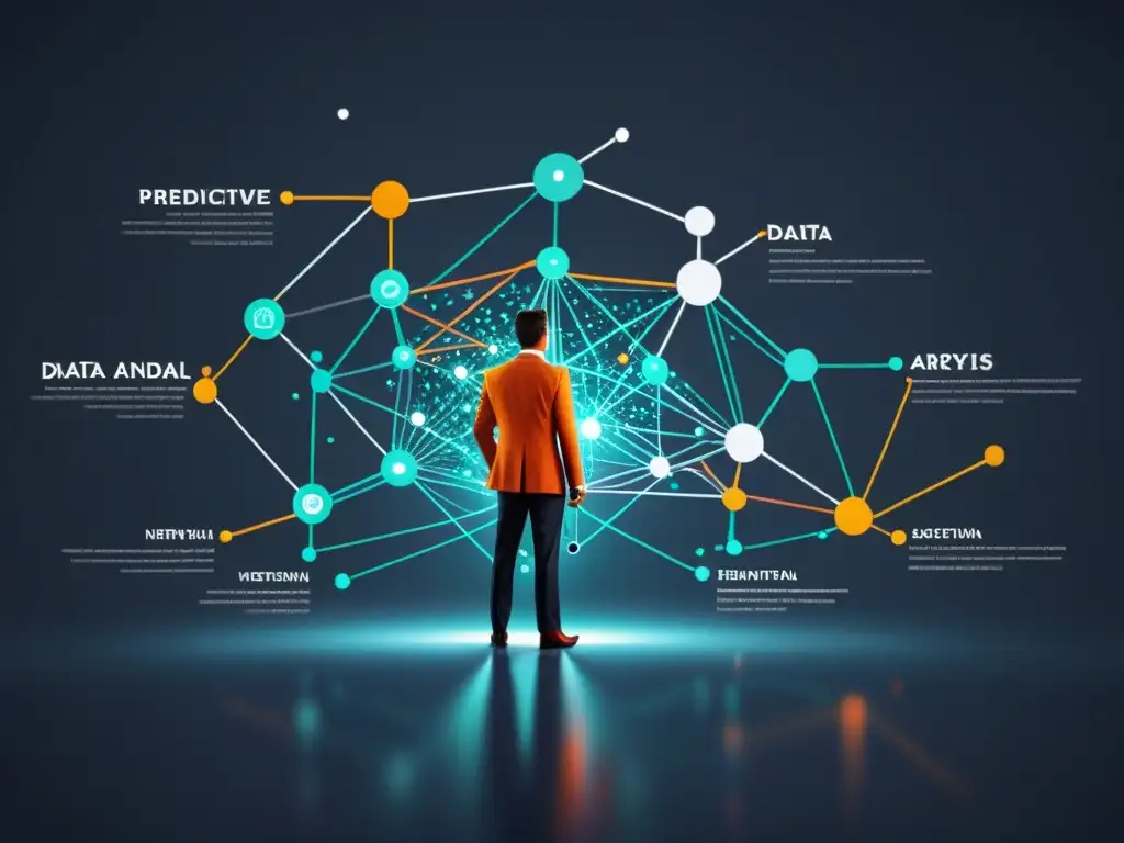 Representación gráfica de métodos de análisis predictivo en industrias financieras, con nodos interconectados y datos visualizados en líneas y colores