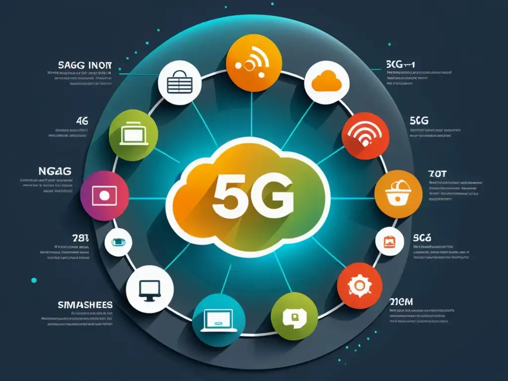 Una representación minimalista en alta resolución de dispositivos interconectados en una red 5G, mostrando un manejo ágil y futurista de la tecnología