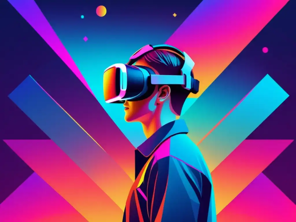 Una ilustración minimalista muestra a alguien con auriculares de realidad virtual en un entorno futurista