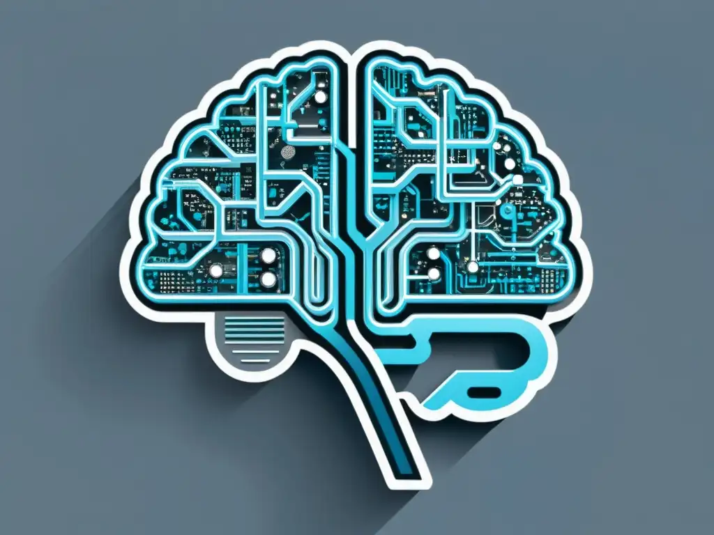 Ilustración minimalista de un cerebro humano entrelazado con circuitos, simbolizando la integración de la inteligencia artificial con la cognición humana y la Protección de datos en IA